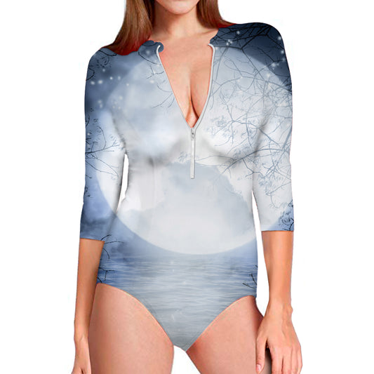 Halloween Moonlight Print Long Sleeve Swimsuit