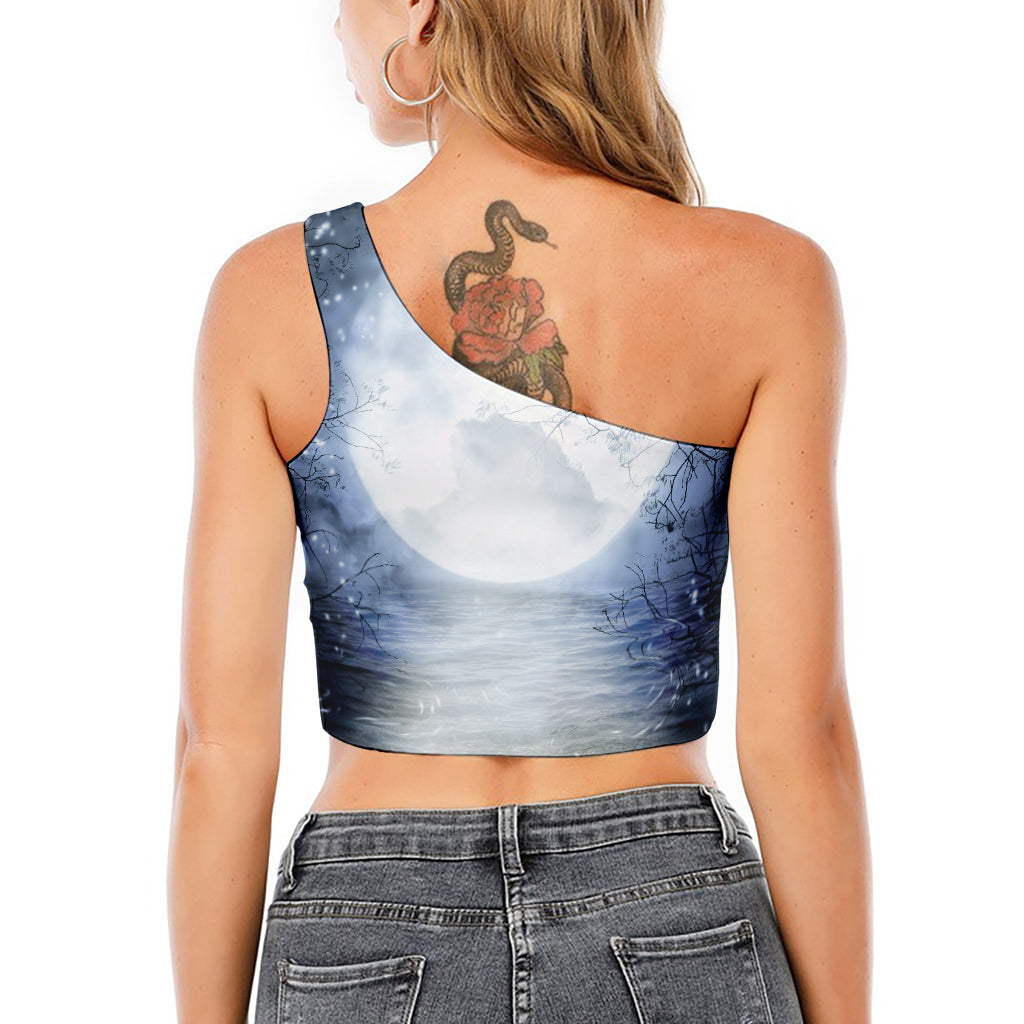 Halloween Moonlight Print One Shoulder Crop Top