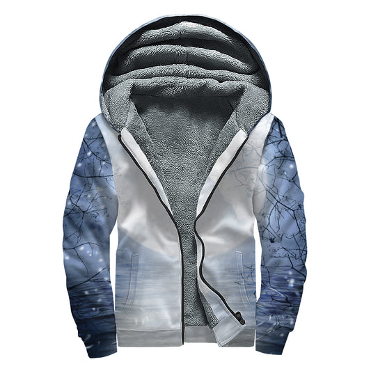 Halloween Moonlight Print Sherpa Lined Zip Up Hoodie