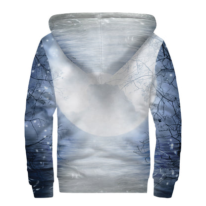 Halloween Moonlight Print Sherpa Lined Zip Up Hoodie