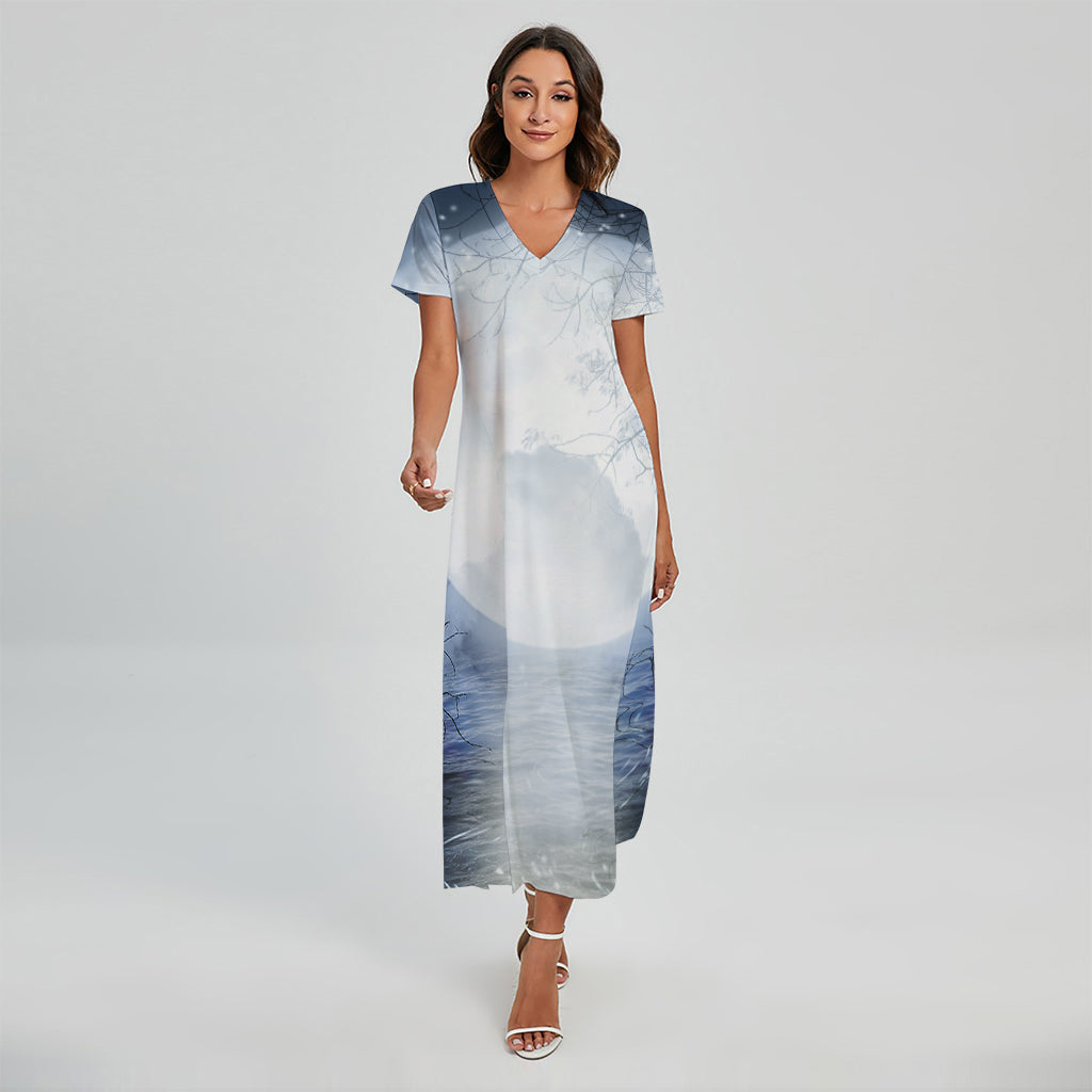 Halloween Moonlight Print Short Sleeve Maxi Dress