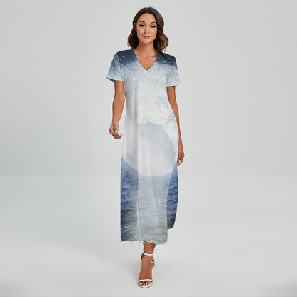 Halloween Moonlight Print Short Sleeve Maxi Dress