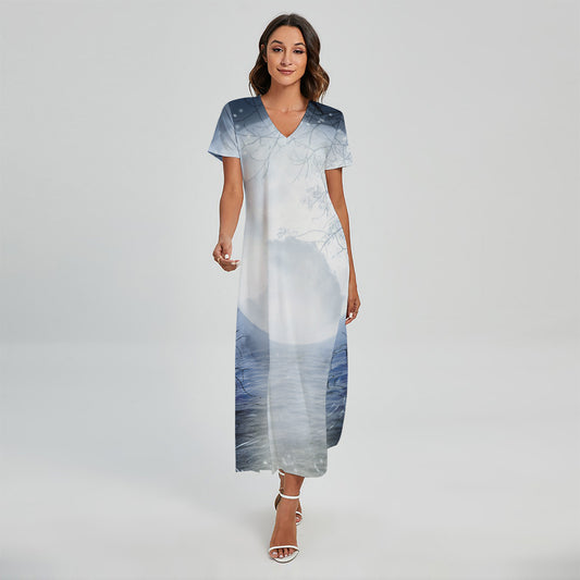 Halloween Moonlight Print Short Sleeve Maxi Dress