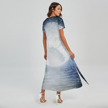 Halloween Moonlight Print Short Sleeve Maxi Dress