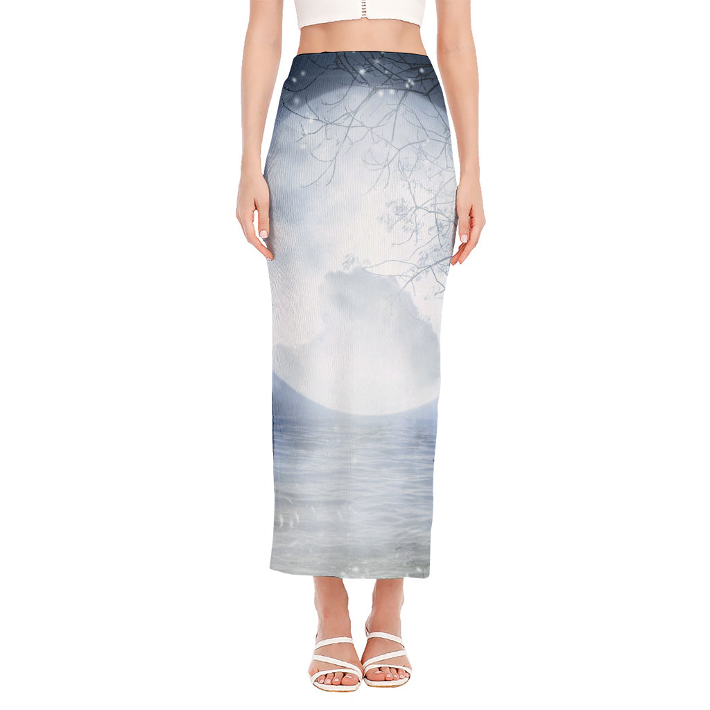 Halloween Moonlight Print Side Slit Maxi Skirt
