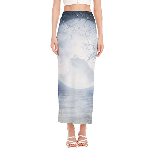 Halloween Moonlight Print Side Slit Maxi Skirt