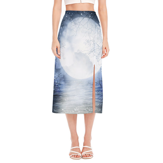 Halloween Moonlight Print Side Slit Midi Skirt