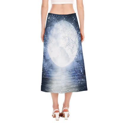 Halloween Moonlight Print Side Slit Midi Skirt
