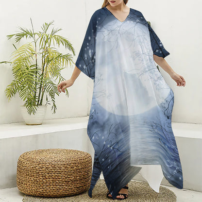 Halloween Moonlight Print Silk V-Neck Kaftan Dress