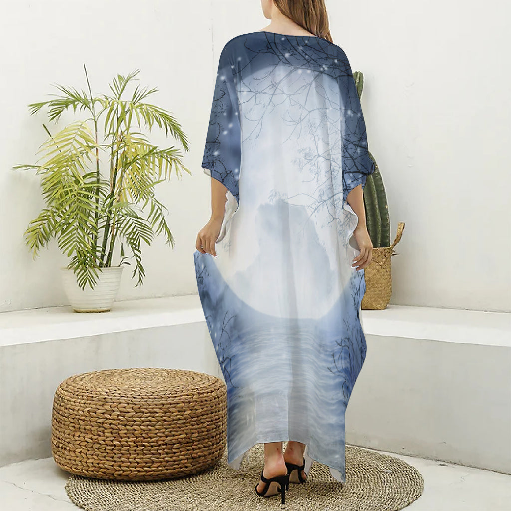 Halloween Moonlight Print Silk V-Neck Kaftan Dress
