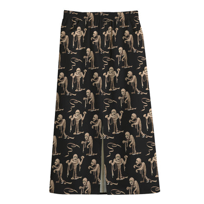 Halloween Mummy Pattern Print Cotton Front Slit Maxi Skirt