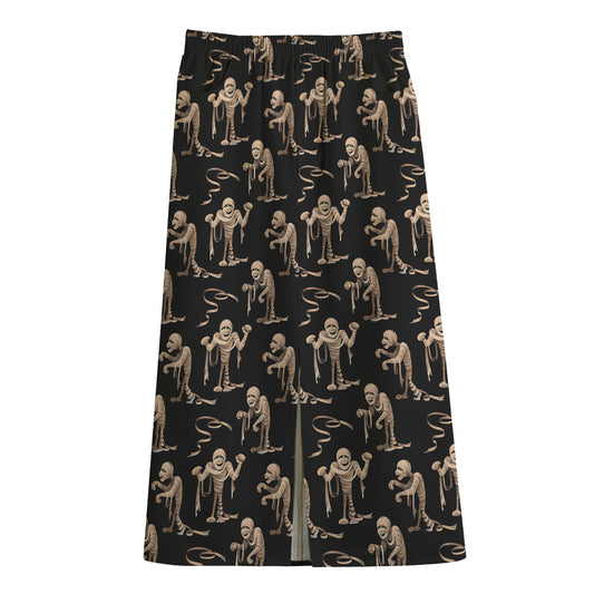 Halloween Mummy Pattern Print Cotton Front Slit Maxi Skirt