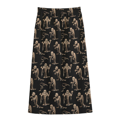 Halloween Mummy Pattern Print Cotton Front Slit Maxi Skirt