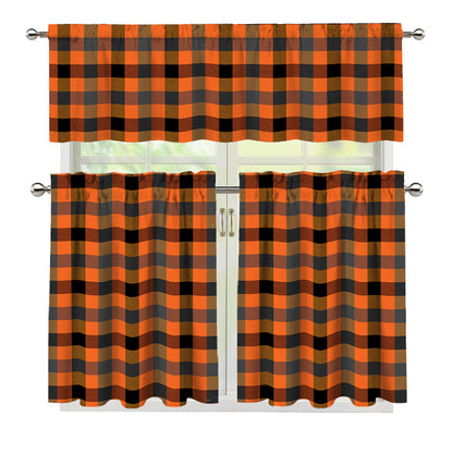 Halloween Orange Buffalo Check Print 3 Piece Kitchen Curtains