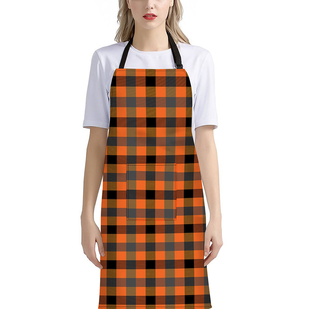 Halloween Orange Buffalo Check Print Bib Apron With Pocket