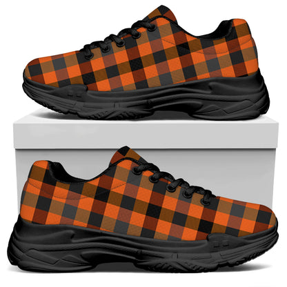Halloween Orange Buffalo Check Print Black Chunky Shoes