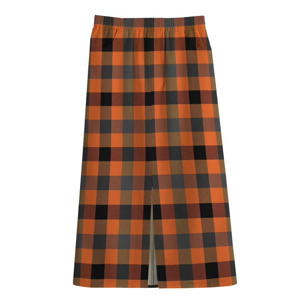 Halloween Orange Buffalo Check Print Cotton Front Slit Maxi Skirt