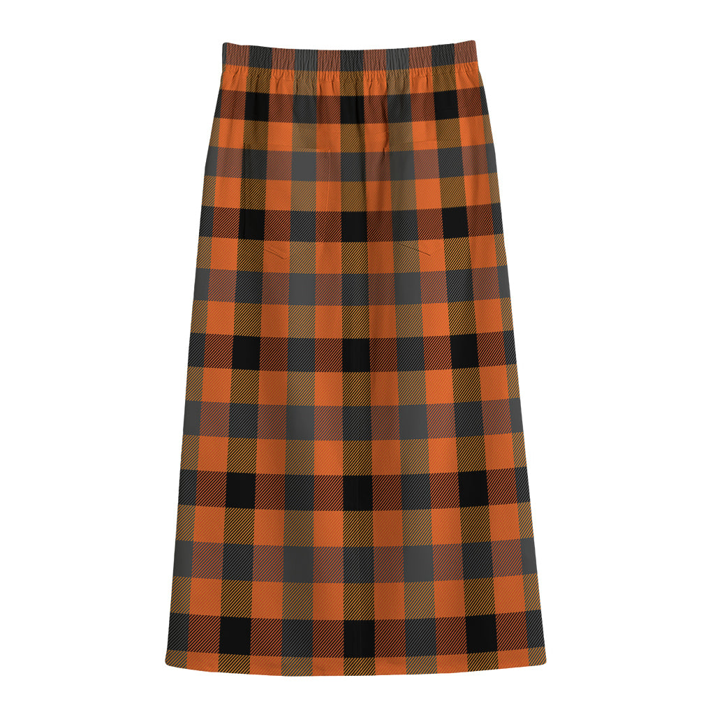Halloween Orange Buffalo Check Print Cotton Front Slit Maxi Skirt