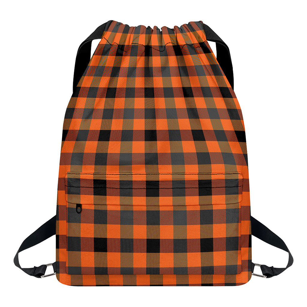 Halloween Orange Buffalo Check Print Drawstring Backpack