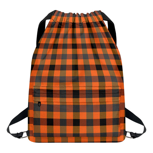 Halloween Orange Buffalo Check Print Drawstring Backpack