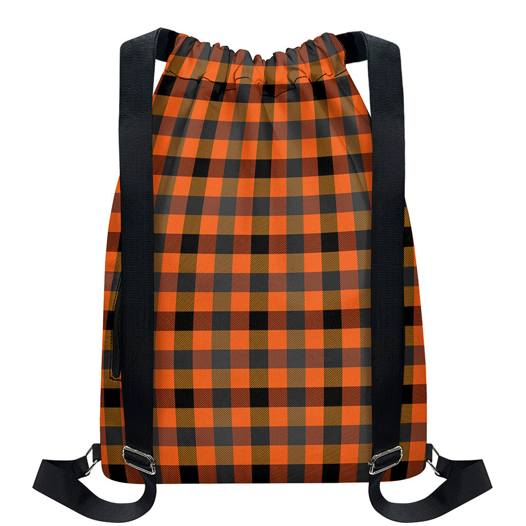 Halloween Orange Buffalo Check Print Drawstring Backpack