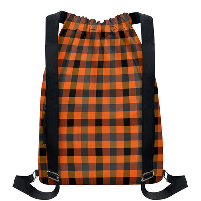 Halloween Orange Buffalo Check Print Drawstring Backpack
