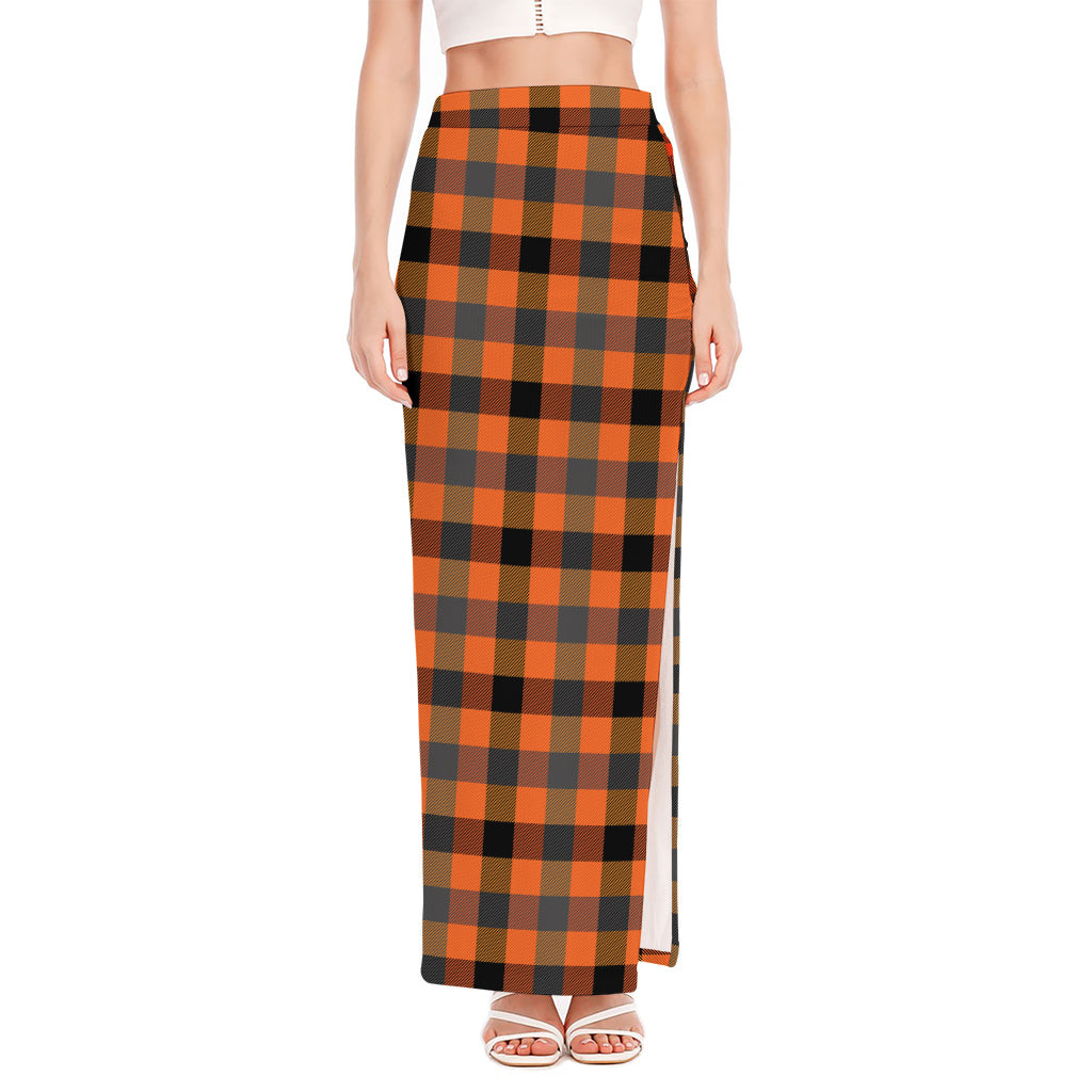 Halloween Orange Buffalo Check Print High Slit Maxi Skirt