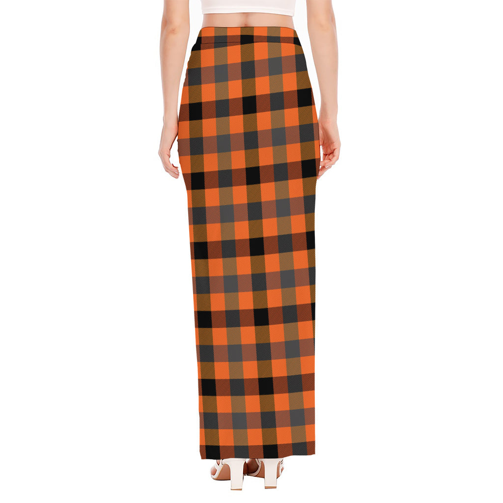 Halloween Orange Buffalo Check Print High Slit Maxi Skirt