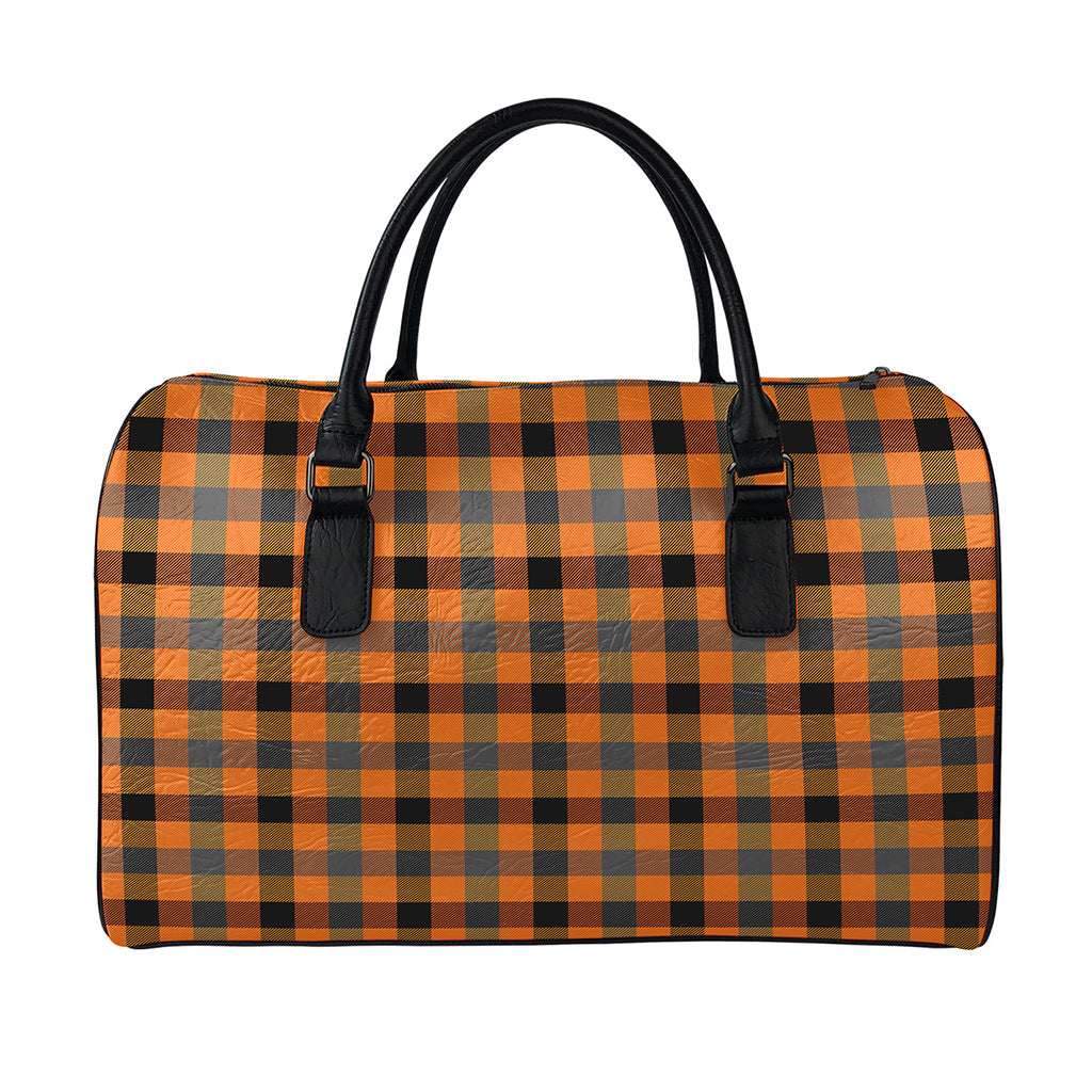 Halloween Orange Buffalo Check Print Leather Duffle Bag