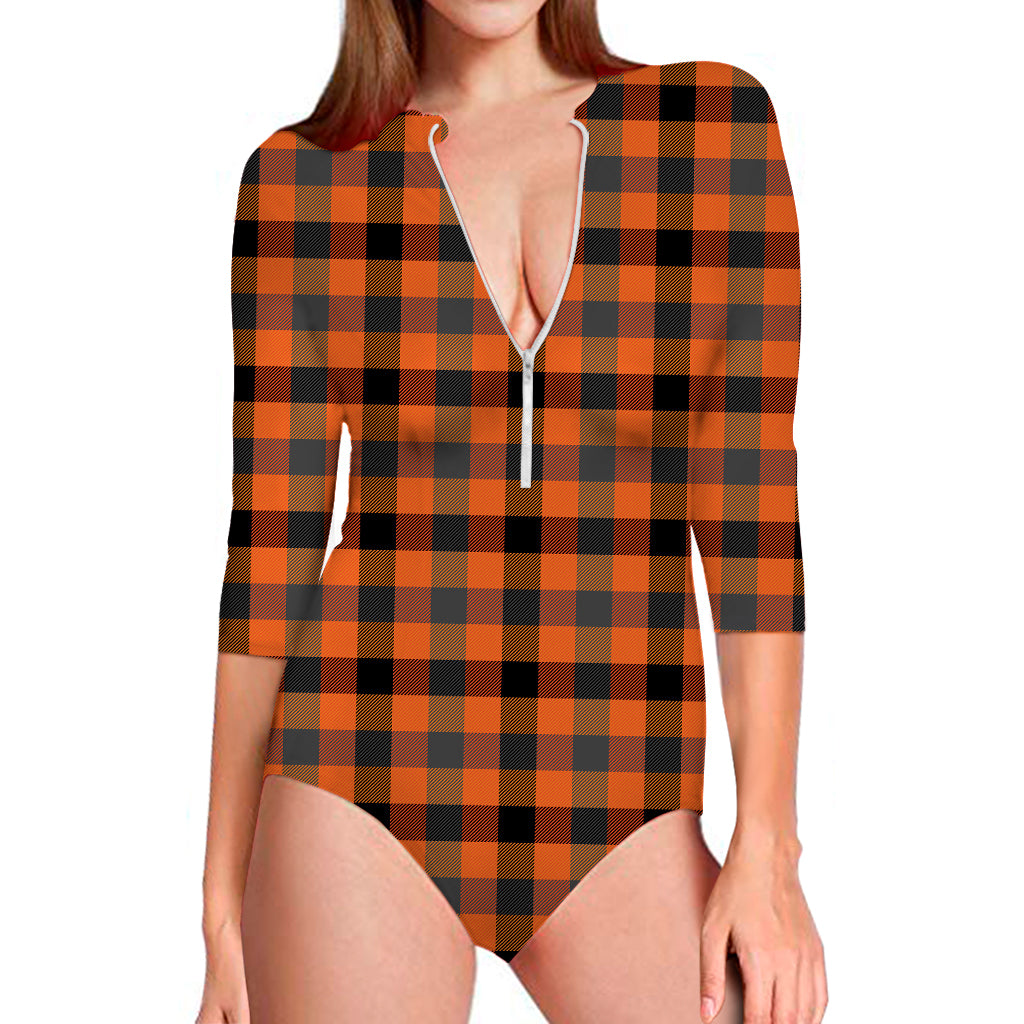 Halloween Orange Buffalo Check Print Long Sleeve Swimsuit