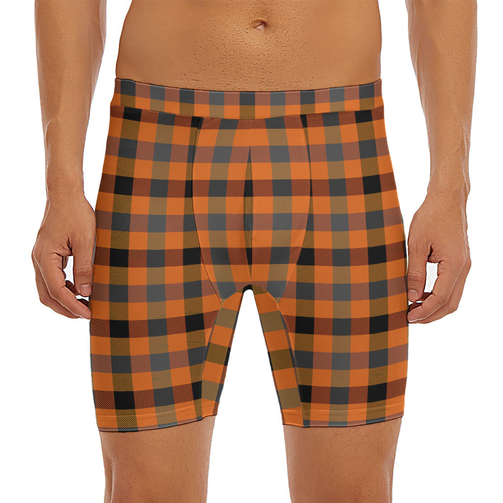Halloween Orange Buffalo Check Print Men's Long Boxer Briefs
