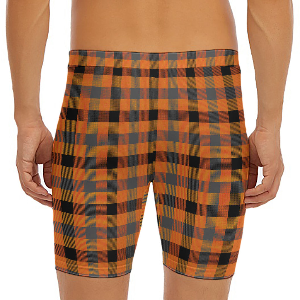 Halloween Orange Buffalo Check Print Men's Long Boxer Briefs