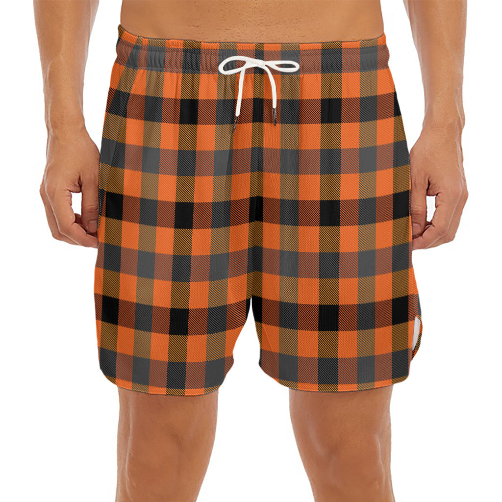 Halloween Orange Buffalo Check Print Men's Split Running Shorts