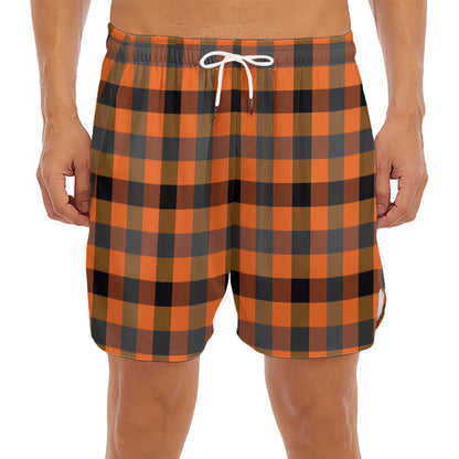 Halloween Orange Buffalo Check Print Men's Split Running Shorts