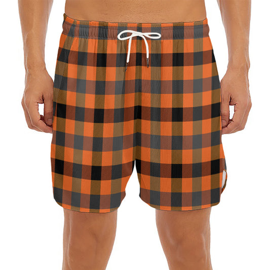 Halloween Orange Buffalo Check Print Men's Split Running Shorts