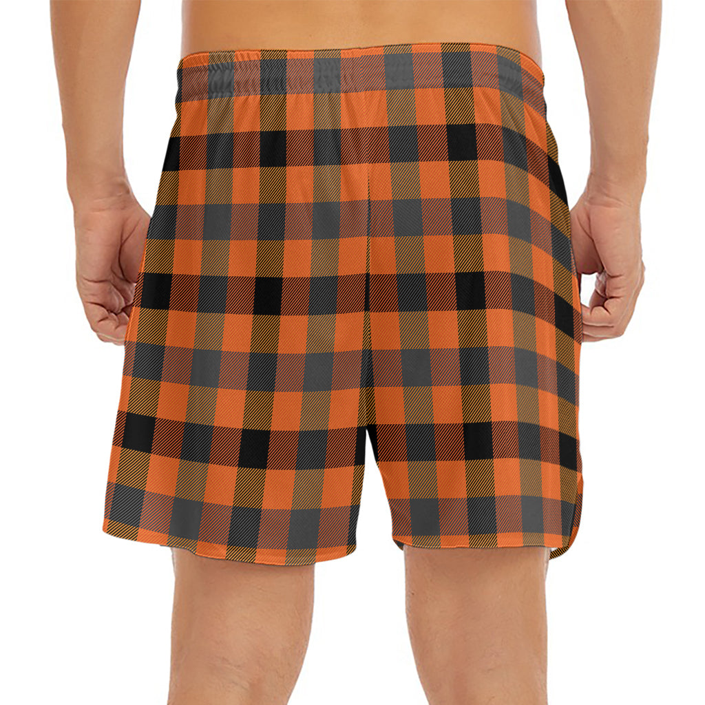 Halloween Orange Buffalo Check Print Men's Split Running Shorts