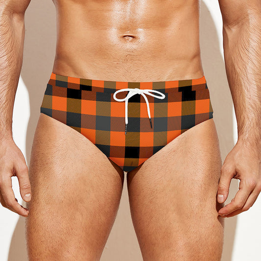 Halloween Orange Buffalo Check Print Men's Swim Briefs