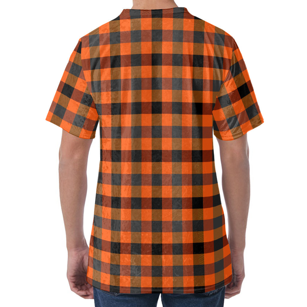 Halloween Orange Buffalo Check Print Men's Velvet T-Shirt