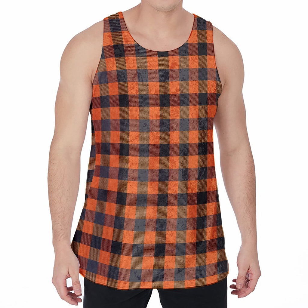 Halloween Orange Buffalo Check Print Men's Velvet Tank Top
