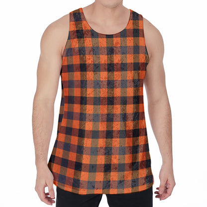 Halloween Orange Buffalo Check Print Men's Velvet Tank Top