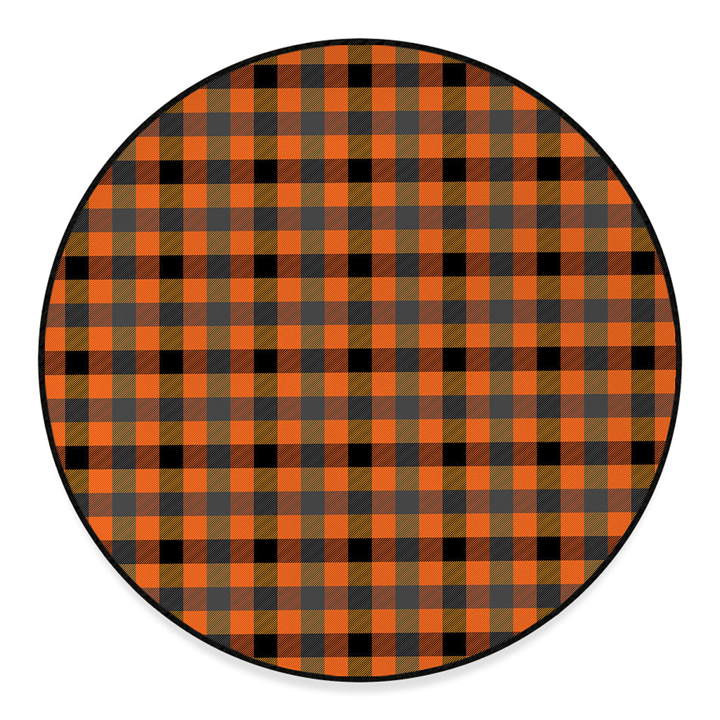 Halloween Orange Buffalo Check Print Round Floor Mat