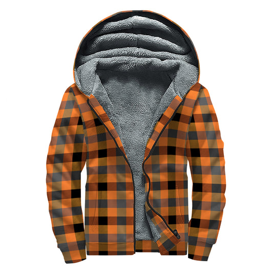 Halloween Orange Buffalo Check Print Sherpa Lined Zip Up Hoodie