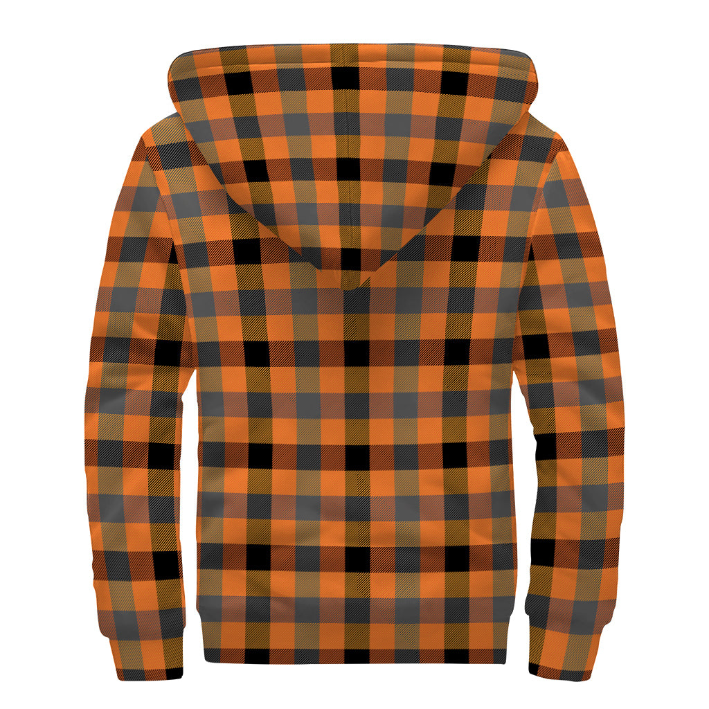 Halloween Orange Buffalo Check Print Sherpa Lined Zip Up Hoodie