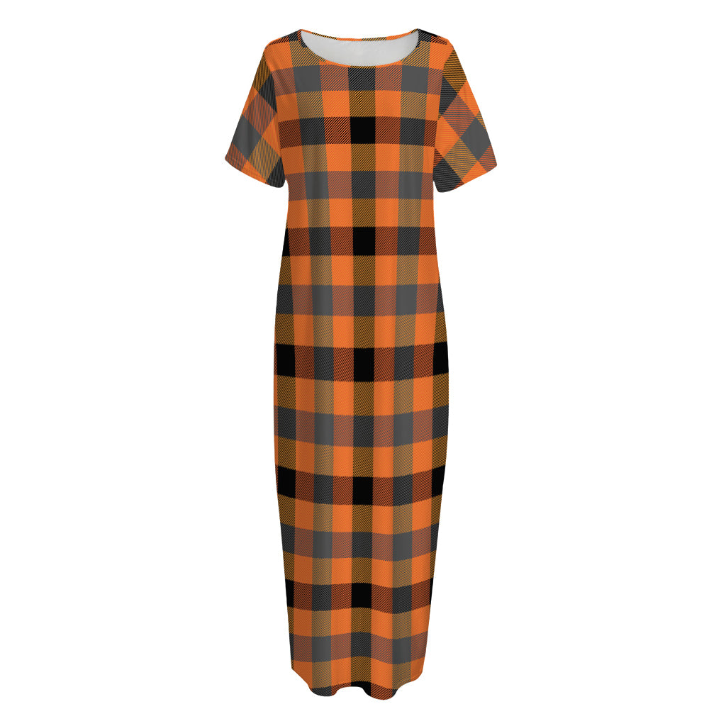 Halloween Orange Buffalo Check Print Short Sleeve Long Nightdress