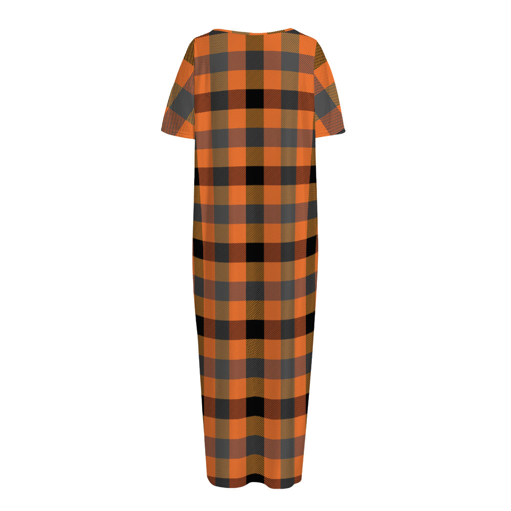 Halloween Orange Buffalo Check Print Short Sleeve Long Nightdress
