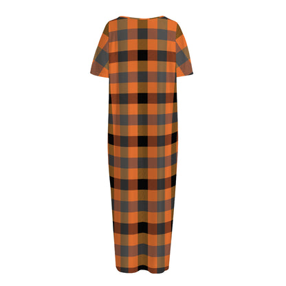 Halloween Orange Buffalo Check Print Short Sleeve Long Nightdress