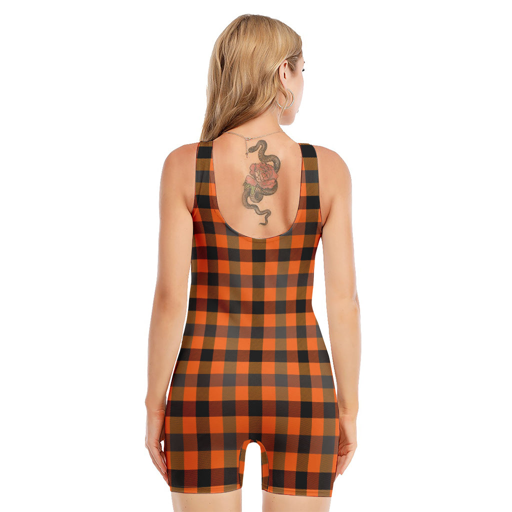 Halloween Orange Buffalo Check Print Sleeveless One Piece Swimsuit