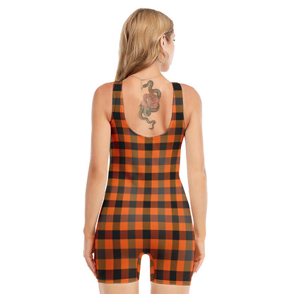 Halloween Orange Buffalo Check Print Sleeveless One Piece Swimsuit