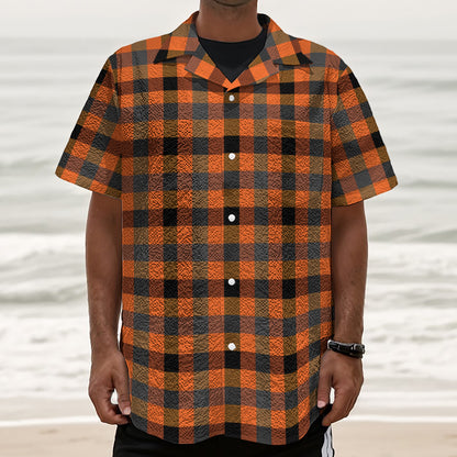 Halloween Orange Buffalo Check Print Textured Short Sleeve Shirt