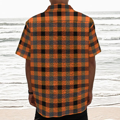 Halloween Orange Buffalo Check Print Textured Short Sleeve Shirt